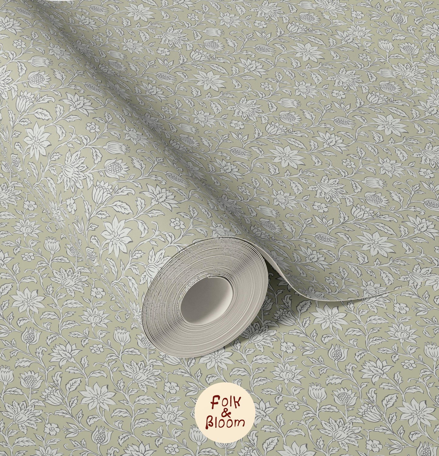 Folklore floral wallpaper mural for girls’ bedroom with delicate pastel flowers.