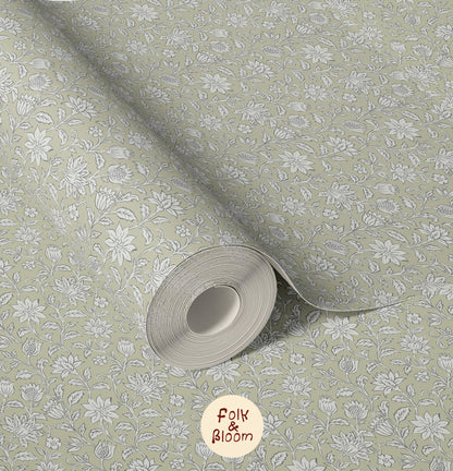 Folklore floral wallpaper mural for girls’ bedroom with delicate pastel flowers.