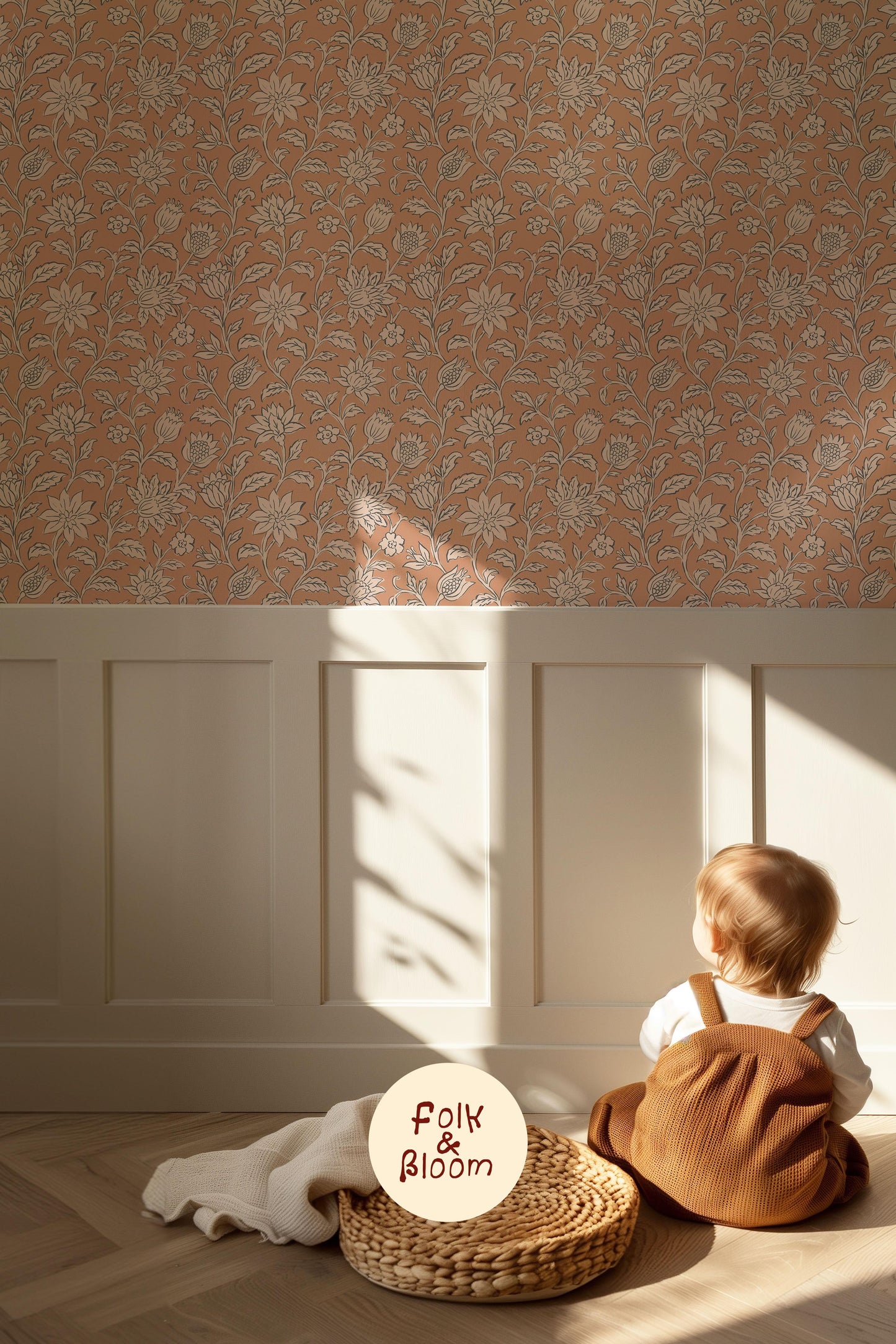 Folklore floral blockprint wallpaper mural for a cosy room with delicate terracotta flowers.
