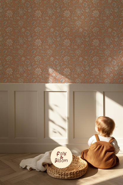 Folklore floral blockprint wallpaper mural for a cosy room with delicate terracotta flowers.