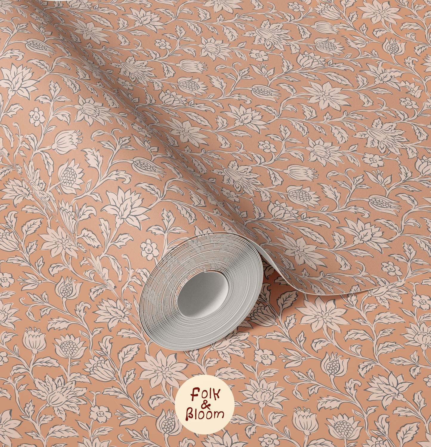 Folklore floral blockprint wallpaper mural for a cosy room with delicate terracotta flowers.