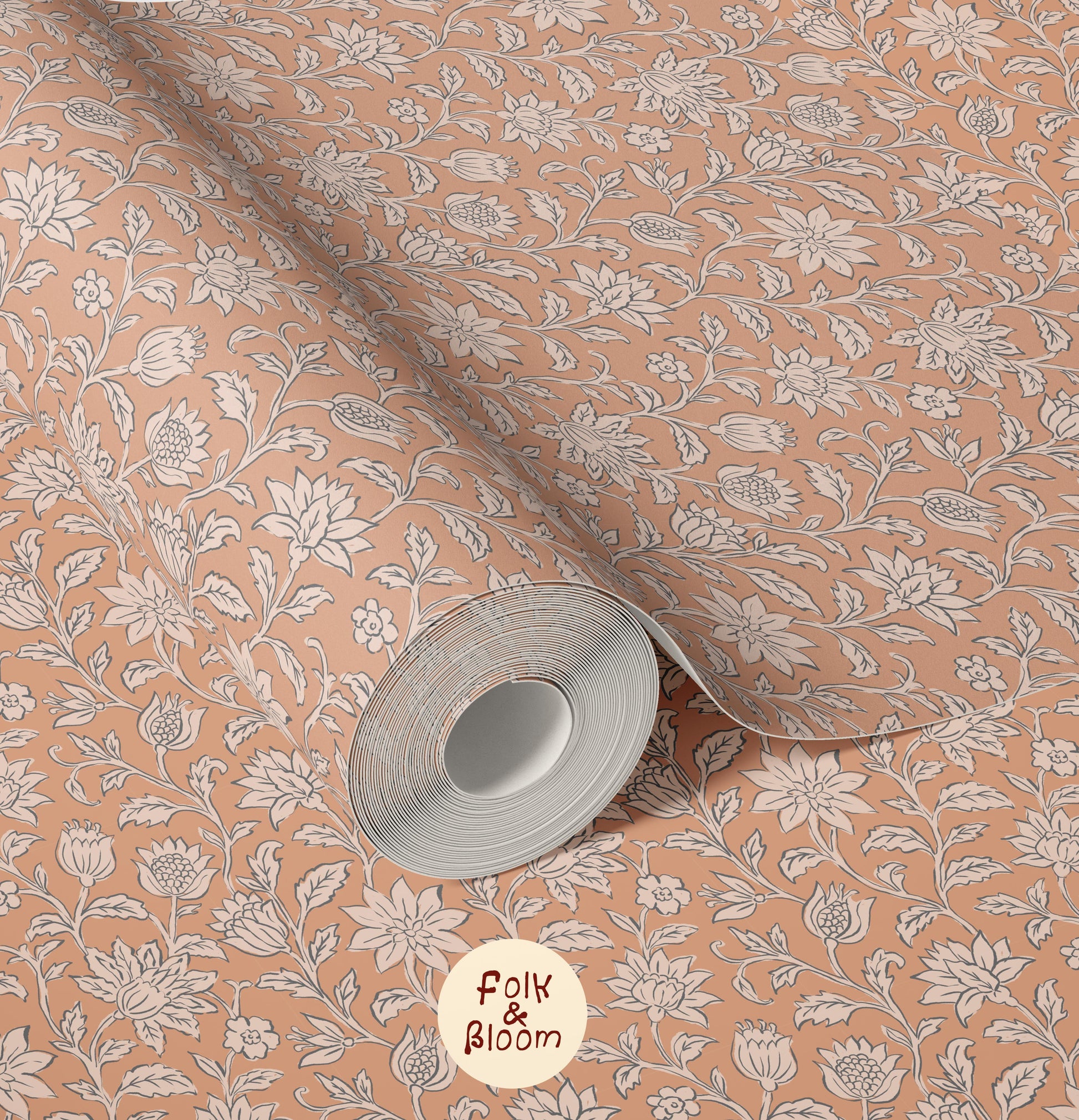 Folklore floral blockprint wallpaper mural for a cosy room with delicate terracotta flowers.