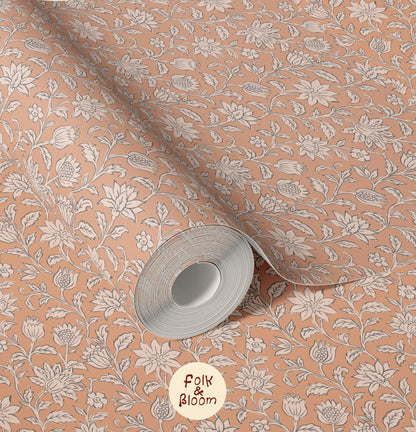 Folklore floral blockprint wallpaper mural for a cosy room with delicate terracotta flowers.