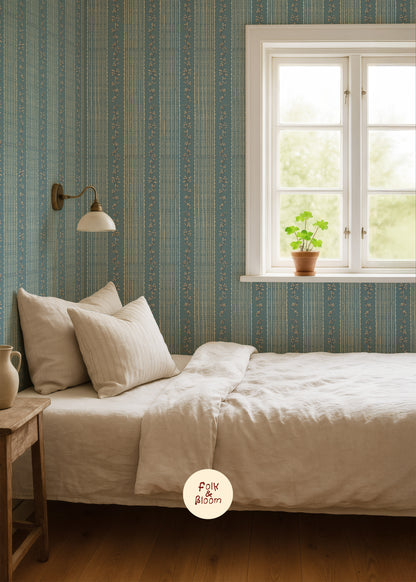 Children's Wallpaper - Botanical Stripes Dark Blue