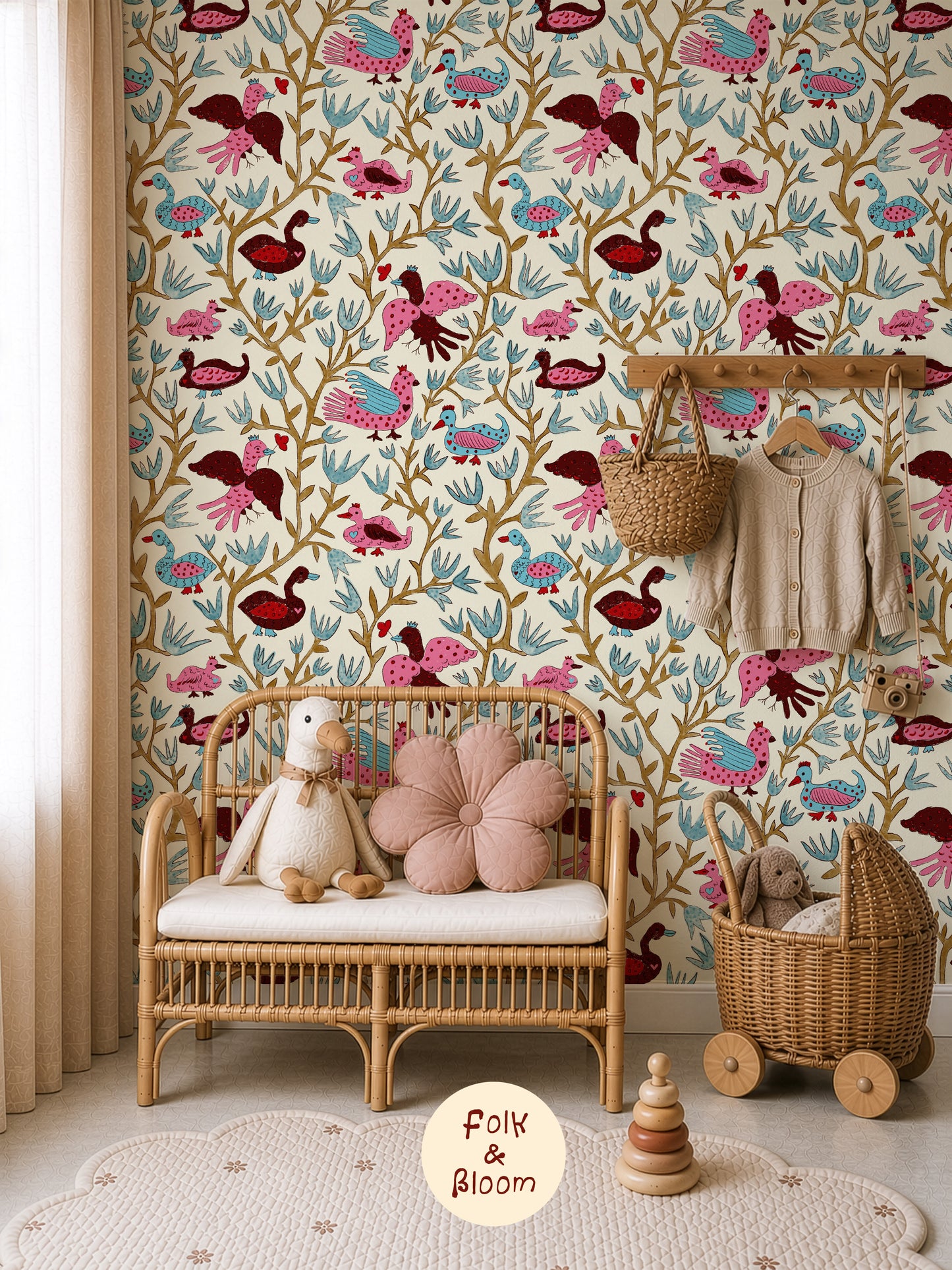Children's Wallpaper - Folk Birds Hot Pink