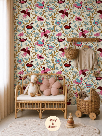 Children's Wallpaper - Folk Birds Hot Pink