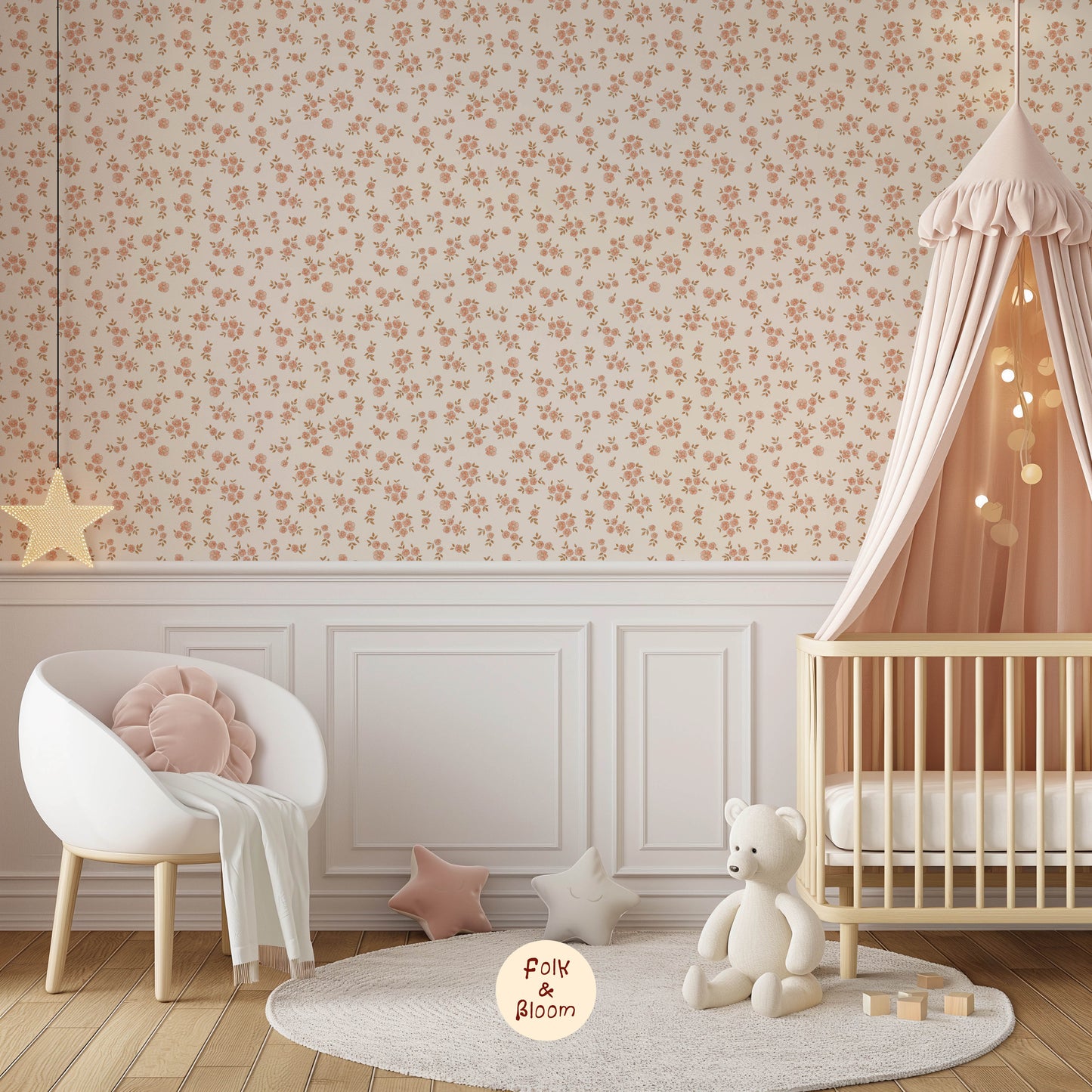 Boho floral kids wallpaper with pastel botanical design.