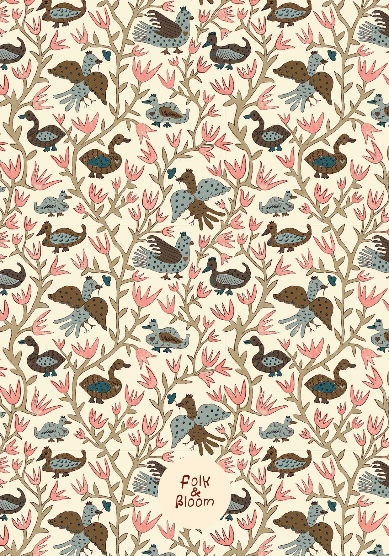 Children's Wallpaper - Folk Birds Brown & Pink