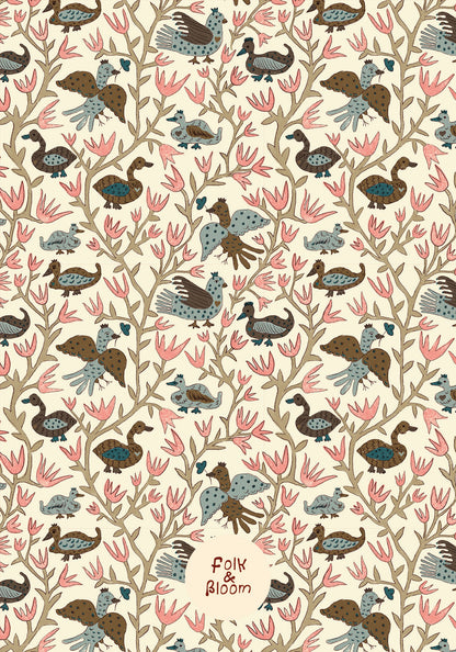 Children's Wallpaper - Folk Birds Brown & Pink
