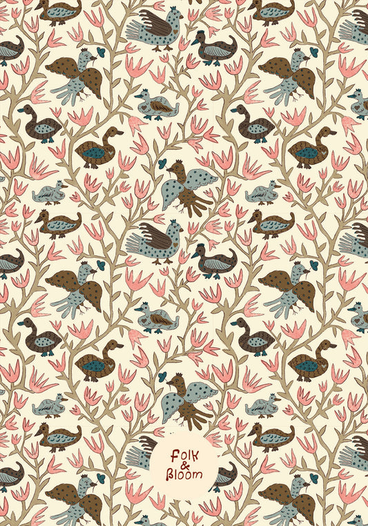Children's Wallpaper - Folk Birds Brown & Pink