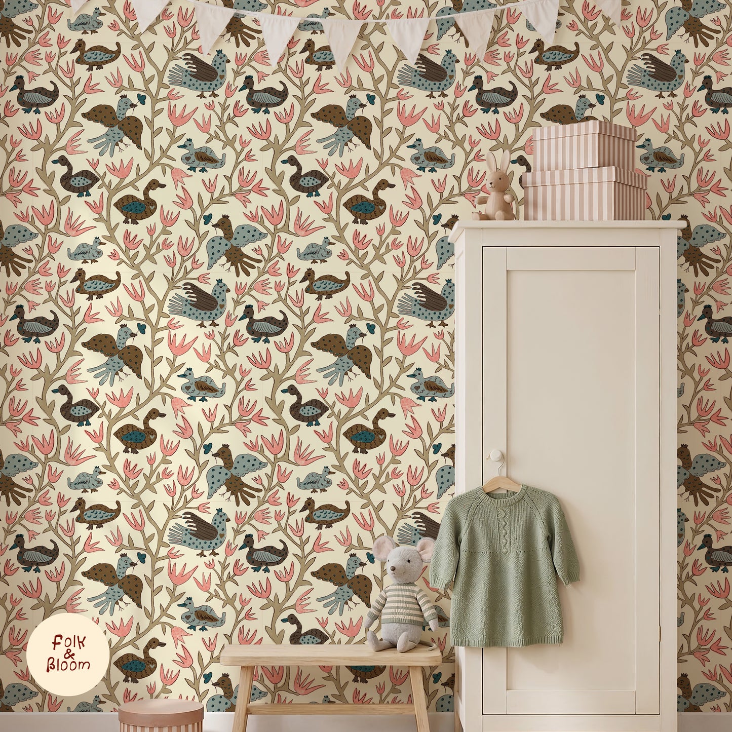 Children's Wallpaper - Folk Birds Brown & Pink