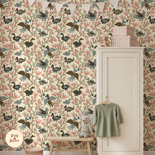 Children's Wallpaper - Folk Birds Brown & Pink