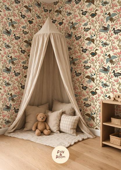 Children's Wallpaper - Folk Birds Brown & Pink