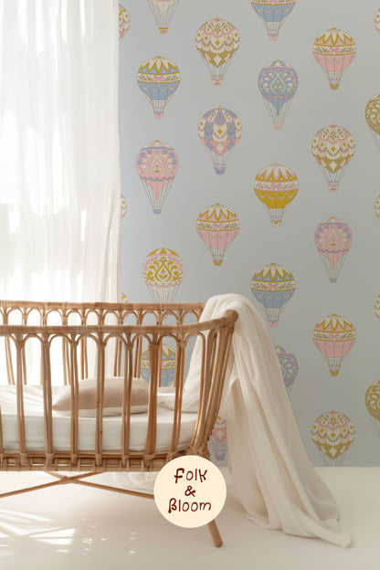Children's wallpaper on roll - Hot Air Balloons Blue