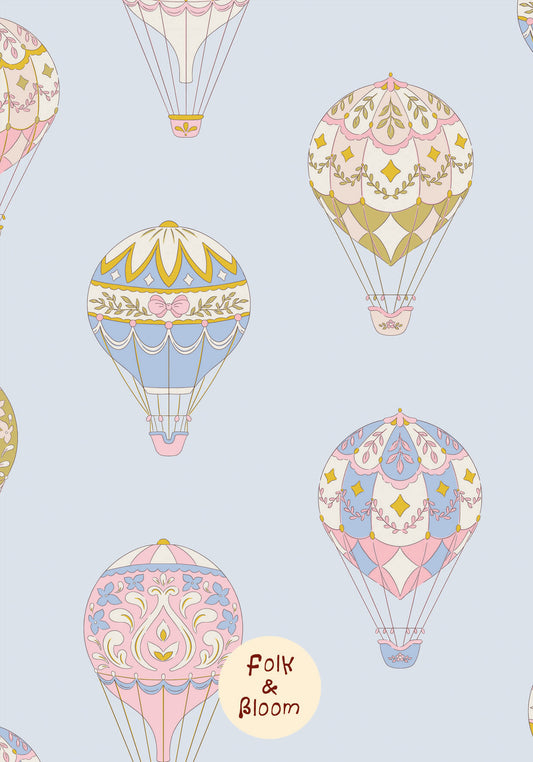 Children's wallpaper on roll - Hot Air Balloons Blue