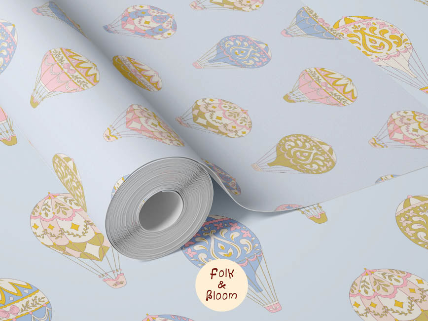 Children's wallpaper on roll - Hot Air Balloons Blue