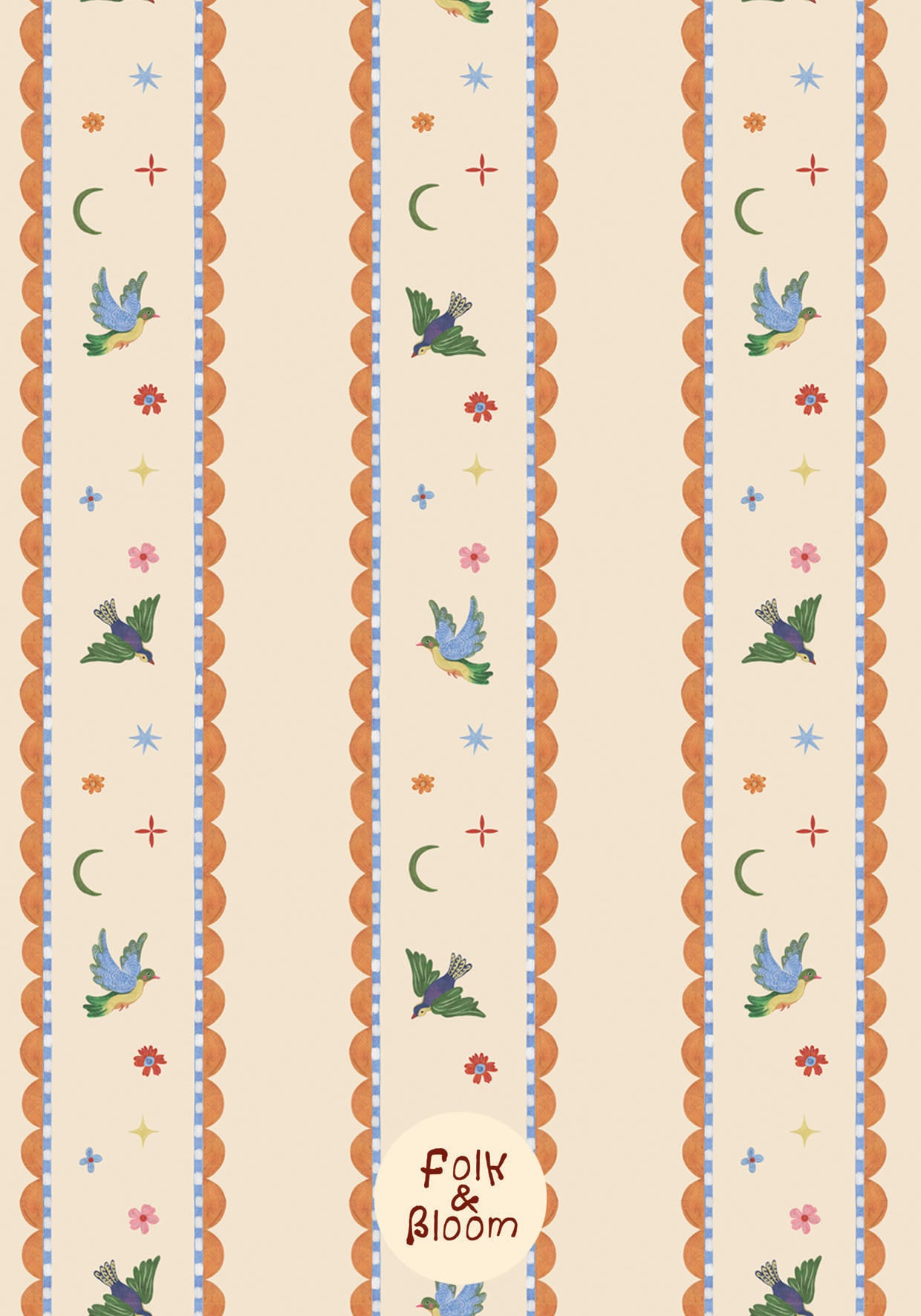 Custom-fit striped wallpaper with birds for baby nursery walls.