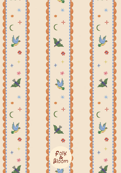 Custom-fit striped wallpaper with birds for baby nursery walls.