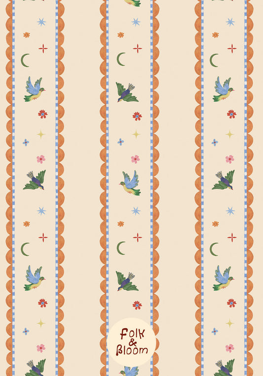 Custom-fit striped wallpaper with birds for baby nursery walls.