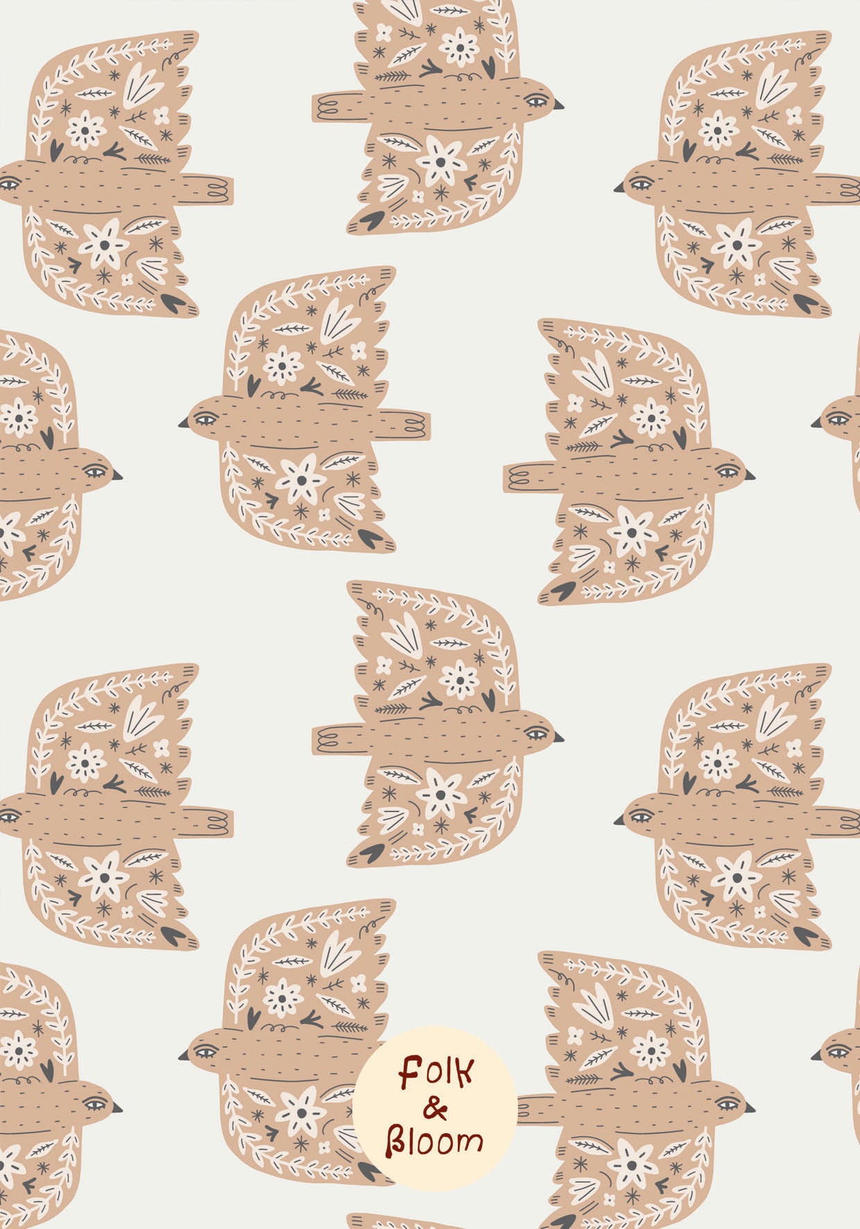 Children's wallpaper on roll - Folk Birds Beige