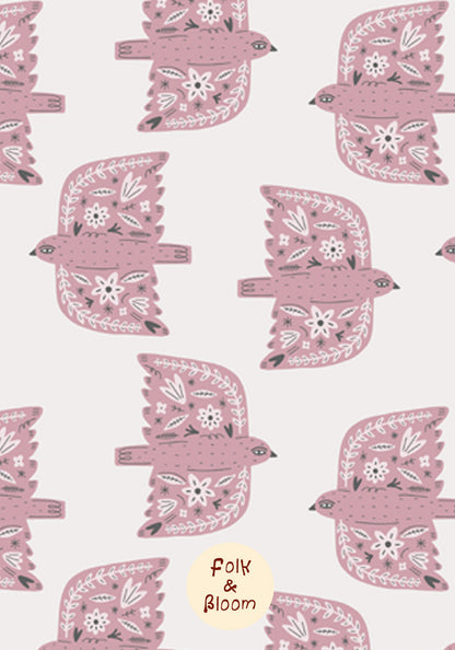 Children's wallpaper on roll - Folk Birds Pink