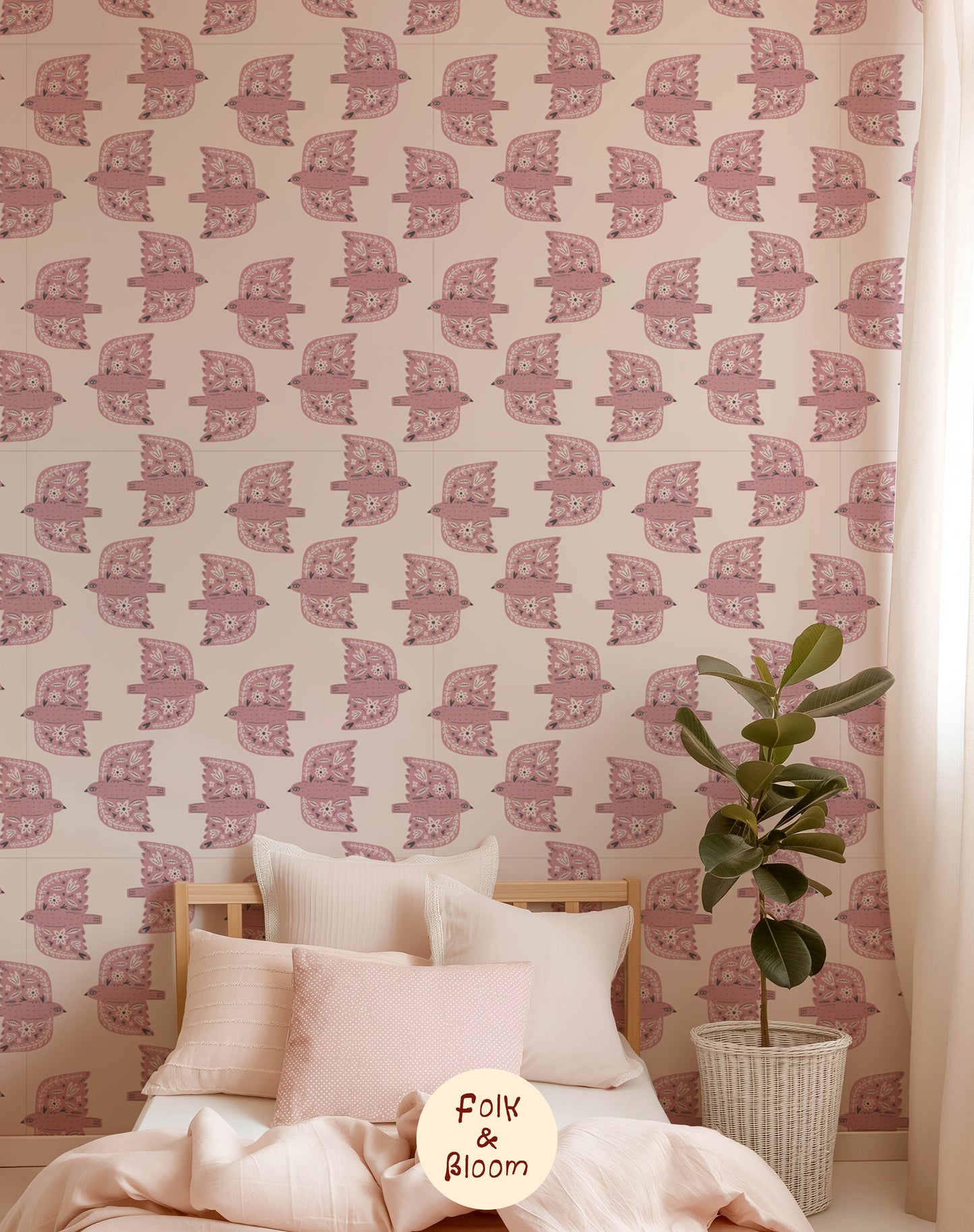 Children's wallpaper on roll - Folk Birds Pink