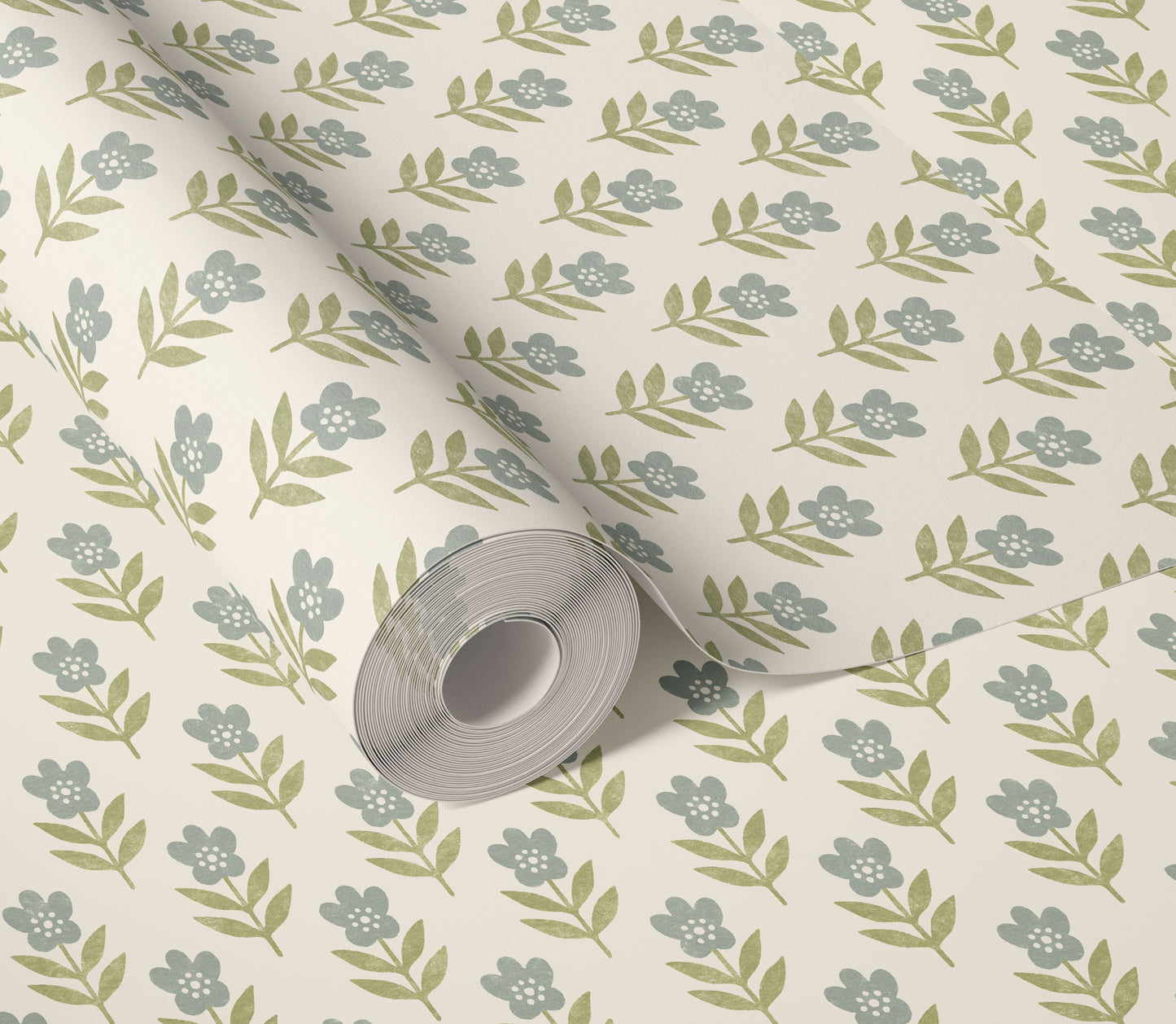 Floral kids wallpaper in botanical folklore style, soft flower pattern on non-woven or vinyl material, perfect for modern girls’ rooms.