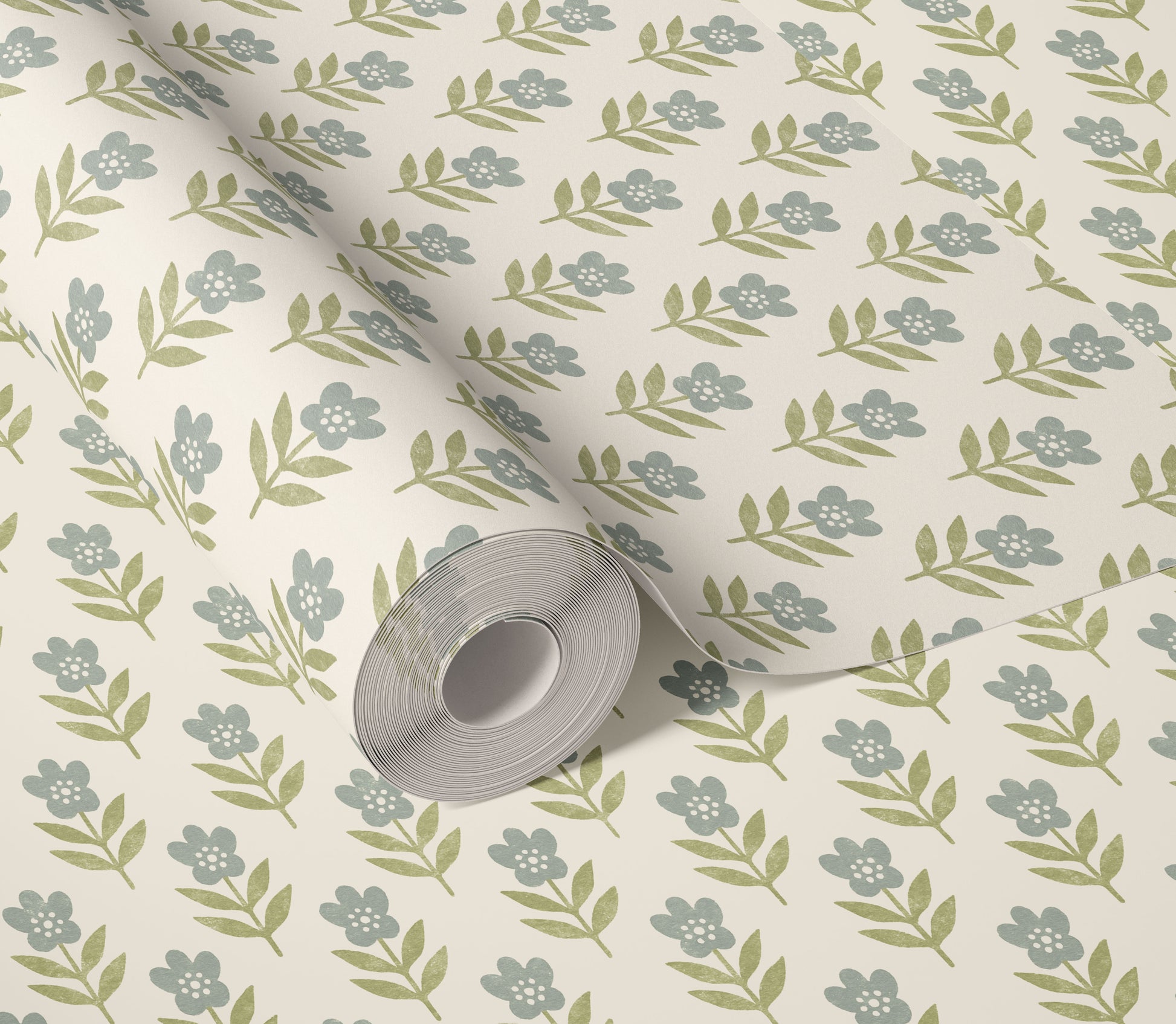 Floral kids wallpaper in botanical folklore style, soft flower pattern on non-woven or vinyl material, perfect for modern girls’ rooms.