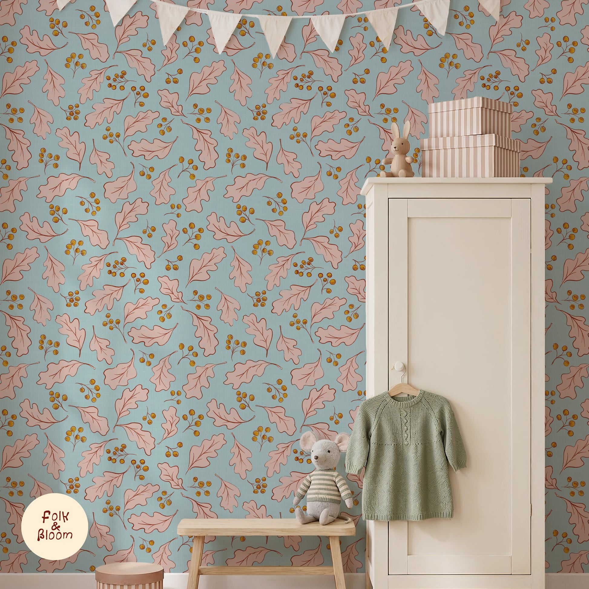 Children's room featuring blue botanical wallpaper with pink oak leaves