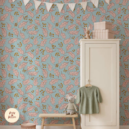 Children's room featuring blue botanical wallpaper with pink oak leaves