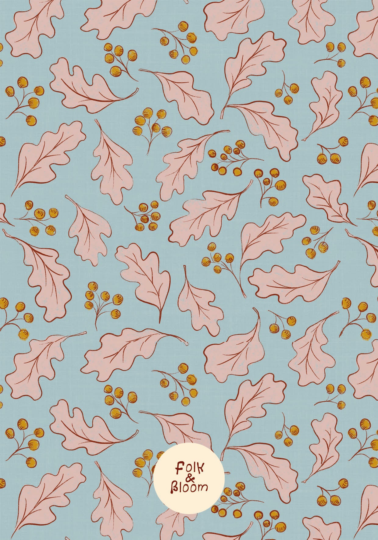 Woodland nursery wallpaper with pink oak leaf pattern