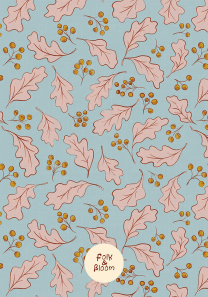 Woodland nursery wallpaper with pink oak leaf pattern