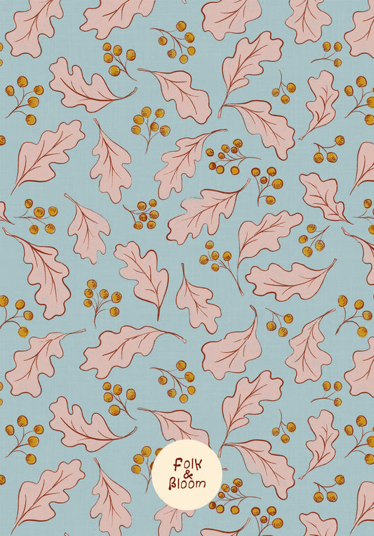 Woodland nursery wallpaper with pink oak leaf pattern