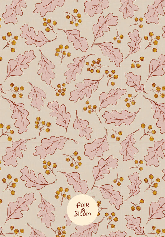 Woodland-inspired kids' room with Pink oak leaves wallpaper
