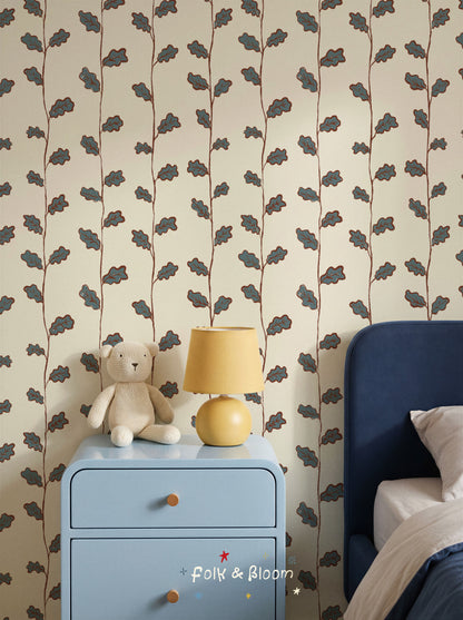 Botanical nursery wallpaper featuring hand-drawn green oak leaves