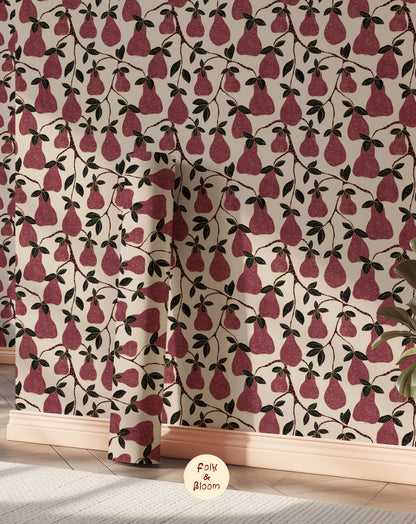 Children's Wallpaper - Pears Burgundy