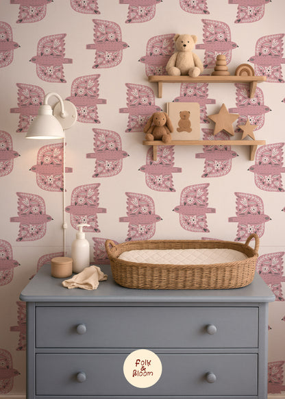 Pink wallpaper with birds for a nursery and teen room