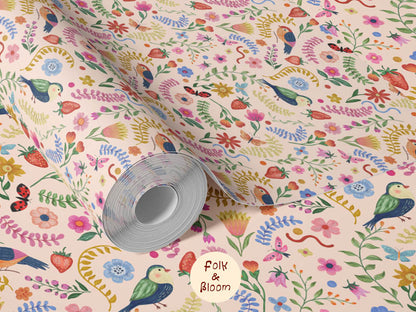 Children's wallpaper on roll - Birds Pink