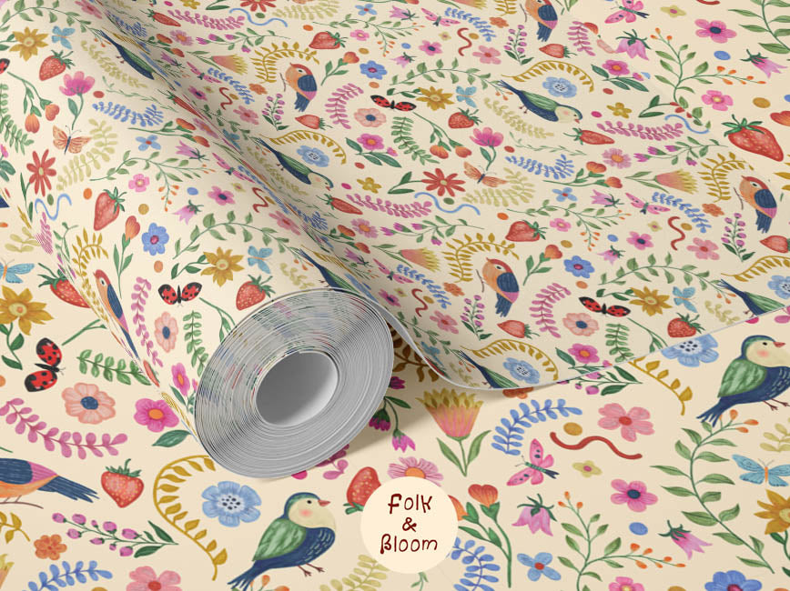 Children's wallpaper on roll - Birds Butter Yellow