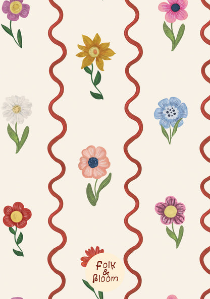 Custom-fit striped wallpaper with wiggly stripes and flowers