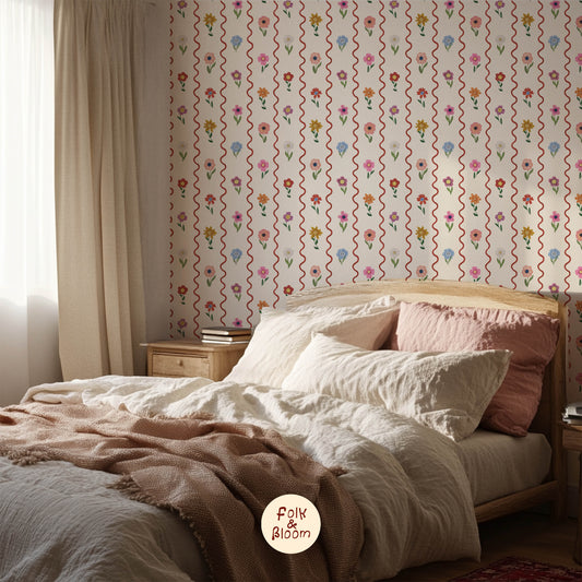 Custom-fit striped wallpaper with wiggly stripes and flowers