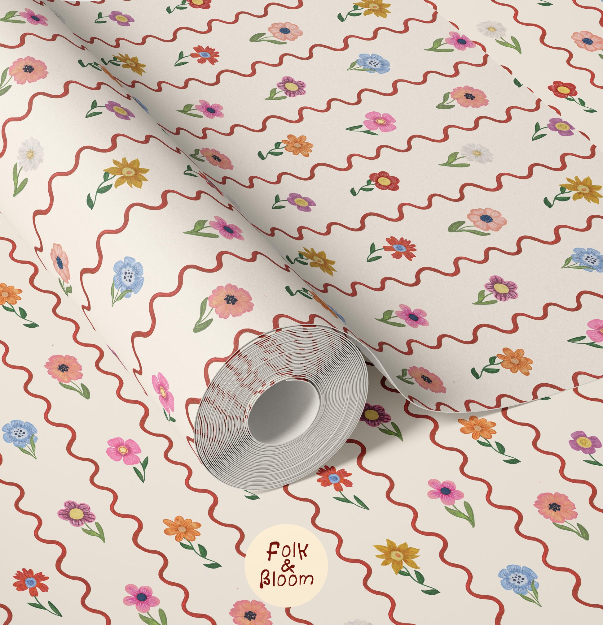 Custom-fit striped wallpaper with wiggly stripes and flowers