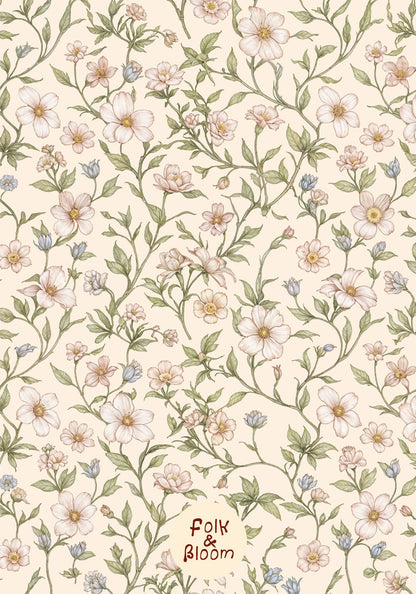 Custom-sized floral wallpaper with soft botanical pattern for modern children’s interiors.