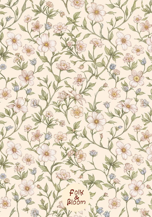 Custom-sized floral wallpaper with soft botanical pattern for modern children’s interiors.