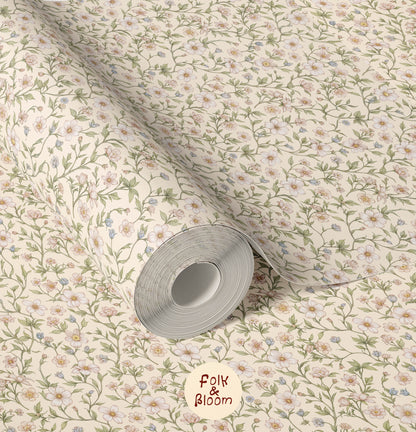 Custom-sized floral wallpaper with soft botanical pattern for modern children’s interiors.