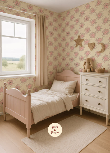 Nursery wallpaper - Pink Suns Cream